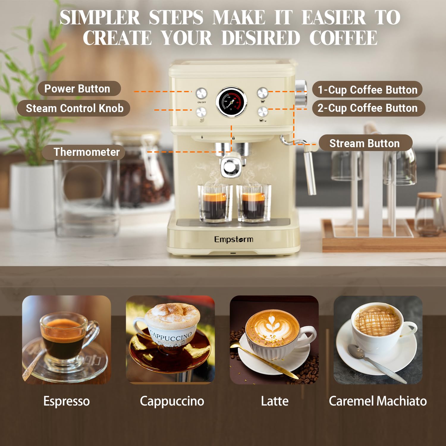 Empstorm Espresso Machine Latte Coffee Makers 20 Bar, 2 IN 1 Professional Cappuccino Machine and Milk Frother Steam Wand Compatible for NS Original Capsules for Home Brewing