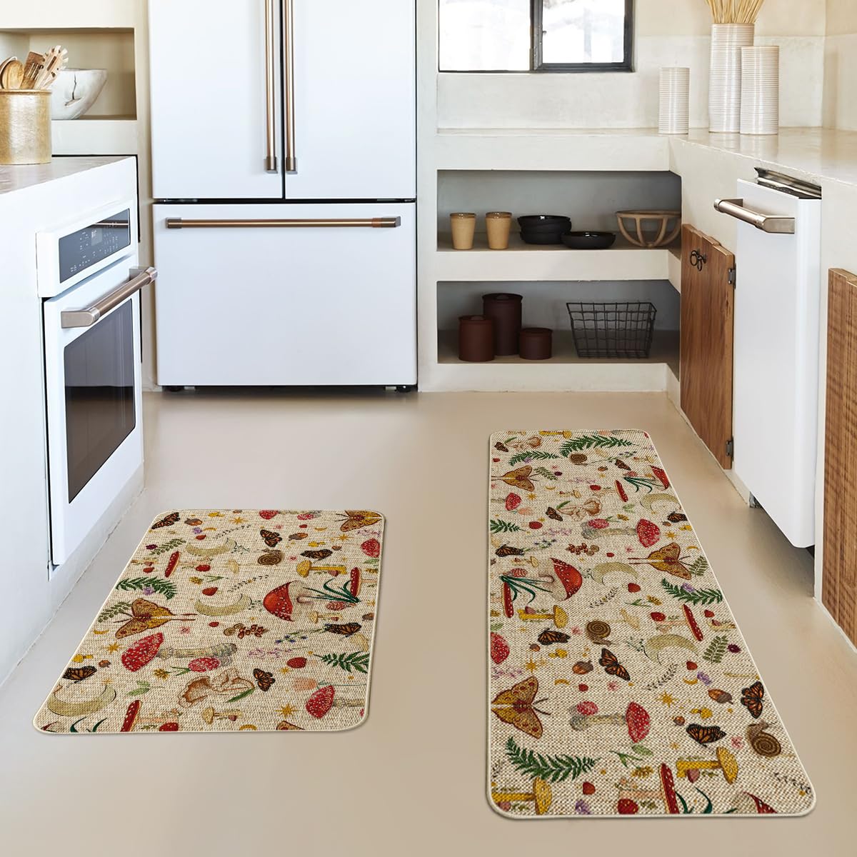 Artoid Mode Mushrooms Butterfly Spring Kitchen Mats Set of 2, Home Decor Low-Profile Kitchen Rugs for Floor - 17x29 and 17x47 Inch