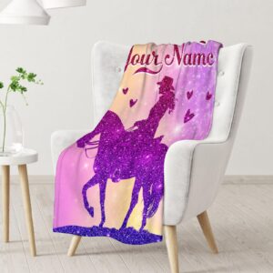 FLEXIMX Personalized Throw Blanket Gifts with Name, Horse Throw Blanket for Kids Girls Women Horse Lovers, Custom 60x50 Inches Pink Blankets Decor for Couch Sofa Bed