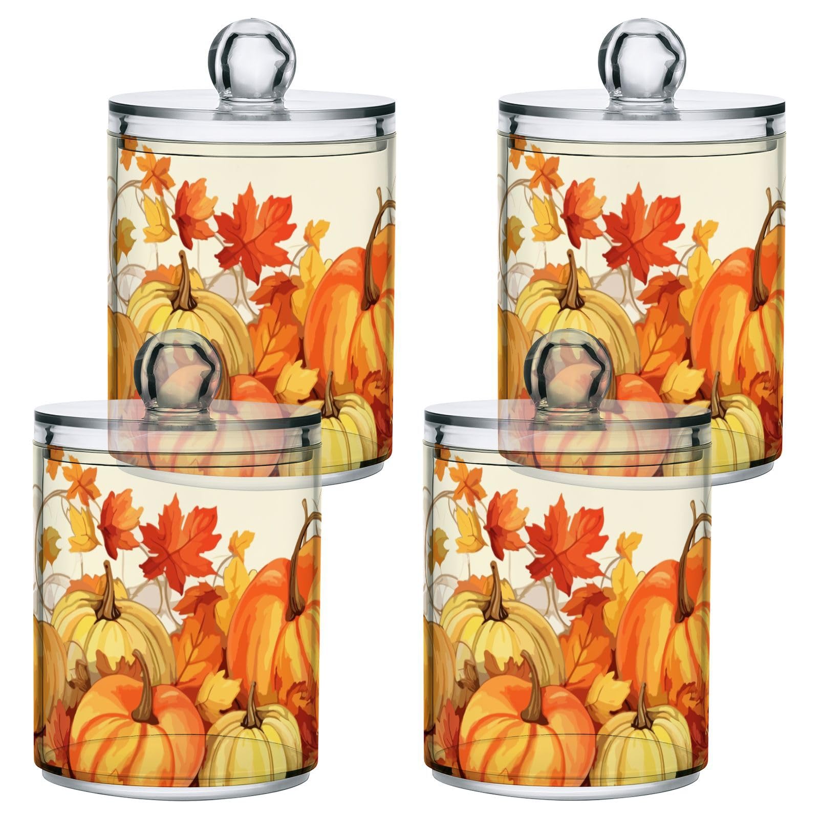 2 Pack Qtip Holder Dispenser for Cotton Ball Pumpkin Autumn Yellow Maple Leaves Fall Cotton Swab Cotton Round Pads Clear Plastic Acrylic Jar Set Bathroom Canister