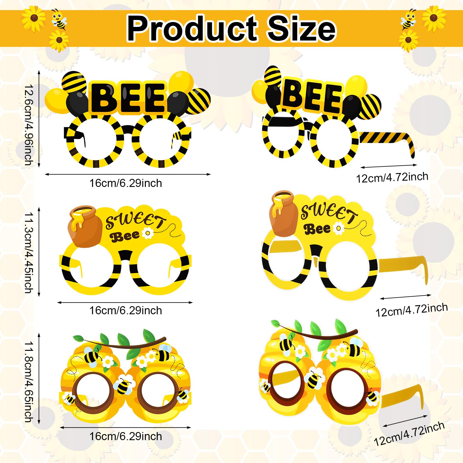 Threan 32 Pieces Bee Party Supplies Bulk Bee Glasses Honeycomb Sunflower Paper Eyeglasses for Summer Bee Flower Birthday Party Baby Shower Costume Photo Booth Props Decorations Supplies