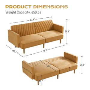 DAMAIFROM Velvet Futon Sofa Bed Set of 2, Mid Century Modern Loveseat Sofa, Convertible Sleeper Sofa Couch with Split Backrest, 75" Futon Couch for Living Room Small Spaces (Ginger