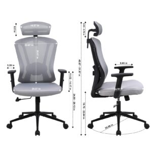 Ermnois Ergonomic Home Office Chair, High Back Desk Chair with Adjustable Lumbar Support, 2D Armrest and Headrest, Mesh Computer Gaming Chair with Tilt Function (1, Grey)