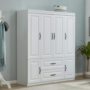 71" h closet with doors white wooden armoire wardrobe closet freestanding clothes storage closet bedroom armoires wood wardrobe storage closet cabinet with hanging rod shelf 2 drawers, 4 doors white