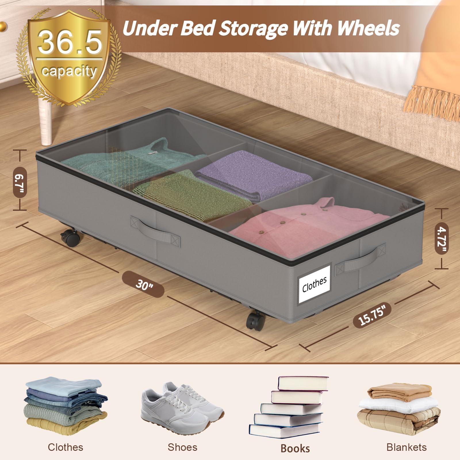 damynuo Under Bed Storage with Wheels - 2Pack Under Bed Storage Containers with Clear Lid and Handles, The Underbed Storage Bins Perfect for Under Bed Shoe Storage, Great Under Bed Drawers