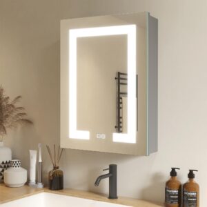 silumin led bathroom wall medicine cabinet mirror 20"×28" lighted mirror with storage recessed or surface dimmable 3 colors temperature anti-fog adjustable shelf 2 sockets 2 usb interfaces