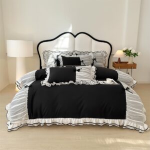 IHOUSTRIY Kid Duvet Cover Full Size, Ruffle Beddding Set with Bowtie, 3 Pieces Comforter Cover Set with Zipper Closure, Girl Bedding with Pillowcase - Black, Full, Comforter Not Included