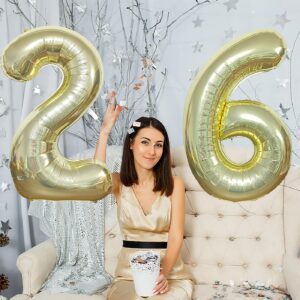 YFHVJTKO 40 Inch Number 26 Foil Balloons 26 Celebration Decorations for Happy 26th Birthday Party Wedding Bridal Shower Engagement Photo Shoot Anniversary Decoration, Number 26 Champagne Gold Balloon