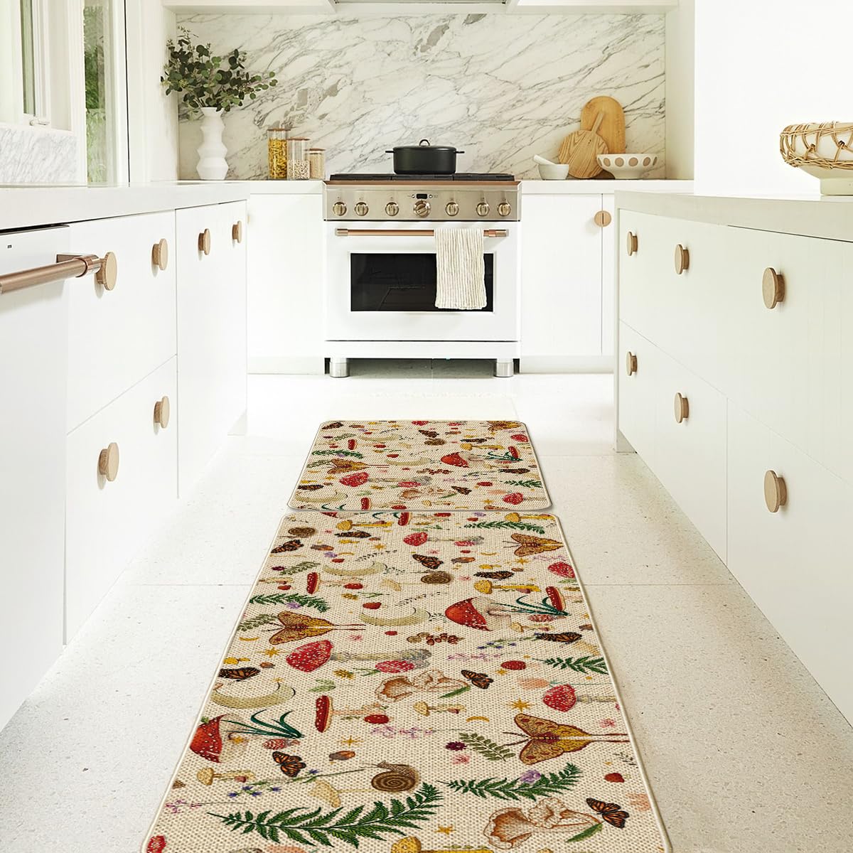 Artoid Mode Mushrooms Butterfly Spring Kitchen Mats Set of 2, Home Decor Low-Profile Kitchen Rugs for Floor - 17x29 and 17x47 Inch