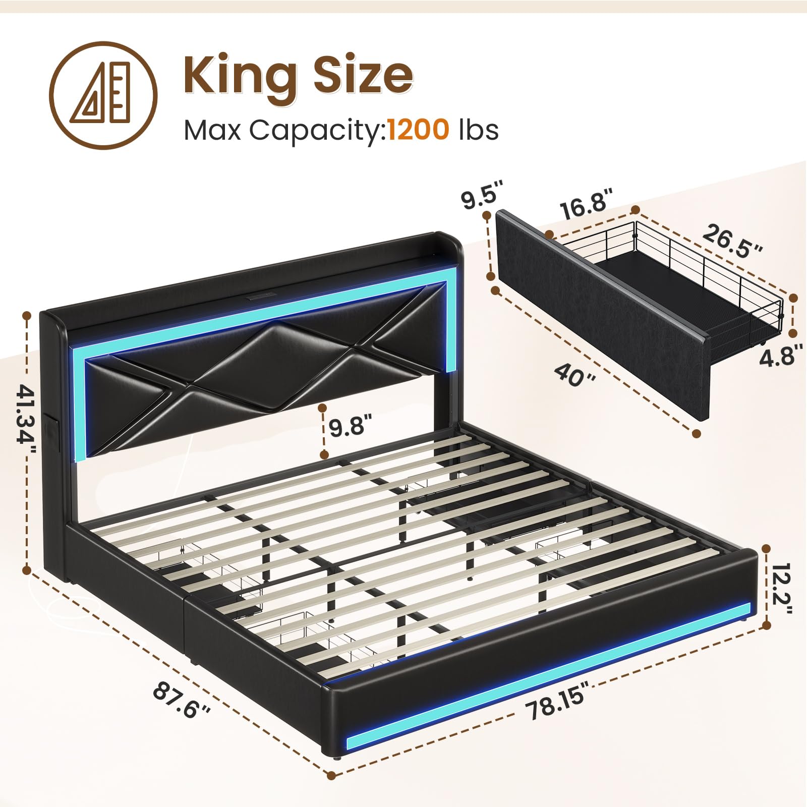 King Size Bed Frame with Storage Drawers & LED Lights Headboard, Faux Leather Platform Bed with USB-C Charging Station, Solid Wooden Slats, No Box Spring Needed, PU Black