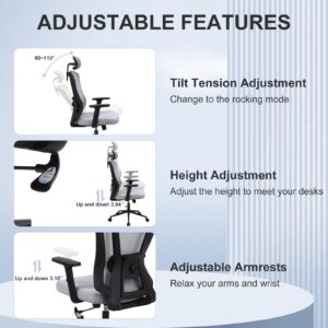 Ermnois Ergonomic Home Office Chair, High Back Desk Chair with Adjustable Lumbar Support, 2D Armrest and Headrest, Mesh Computer Gaming Chair with Tilt Function (1, Grey)