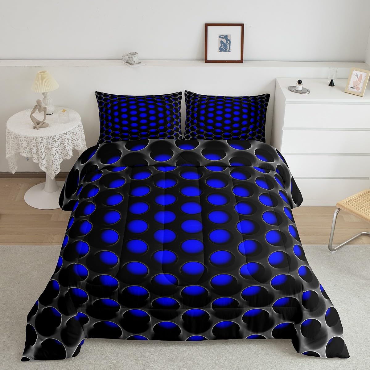 Erosebridal Boys Black Blue Full Size Bedding Set,3D Geometric Kids Comforter Teen Men Abstract Stereoscopic Dense Hole Pattern Duvet Insert Modern Geometry Soft Lightweight Room Decor,2 Pillow Cases