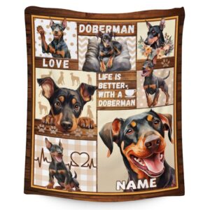 custom doberman blanket gifts with name - 60x80 inches collage dog throw blanket for adults, kids boys & girls - colorful soft fuzzy blankets for couch, sofa & bed