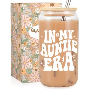 fairy's gift aunt cup, cute aunt gifts - iced coffee cup, 16 oz glass cup with lid & straw - christmas, birthday gifts for auntie, best aunt, new aunt - auntie gifts from niece, nephew