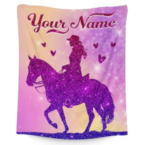 fleximx personalized throw blanket gifts with name, horse throw blanket for kids girls women horse lovers, custom 60x50 inches pink blankets decor for couch sofa bed