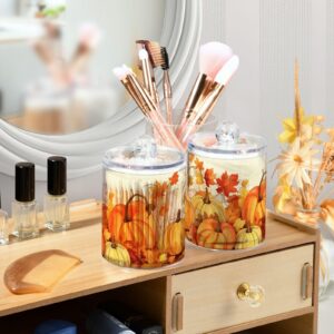 2 Pack Qtip Holder Dispenser for Cotton Ball Pumpkin Autumn Yellow Maple Leaves Fall Cotton Swab Cotton Round Pads Clear Plastic Acrylic Jar Set Bathroom Canister