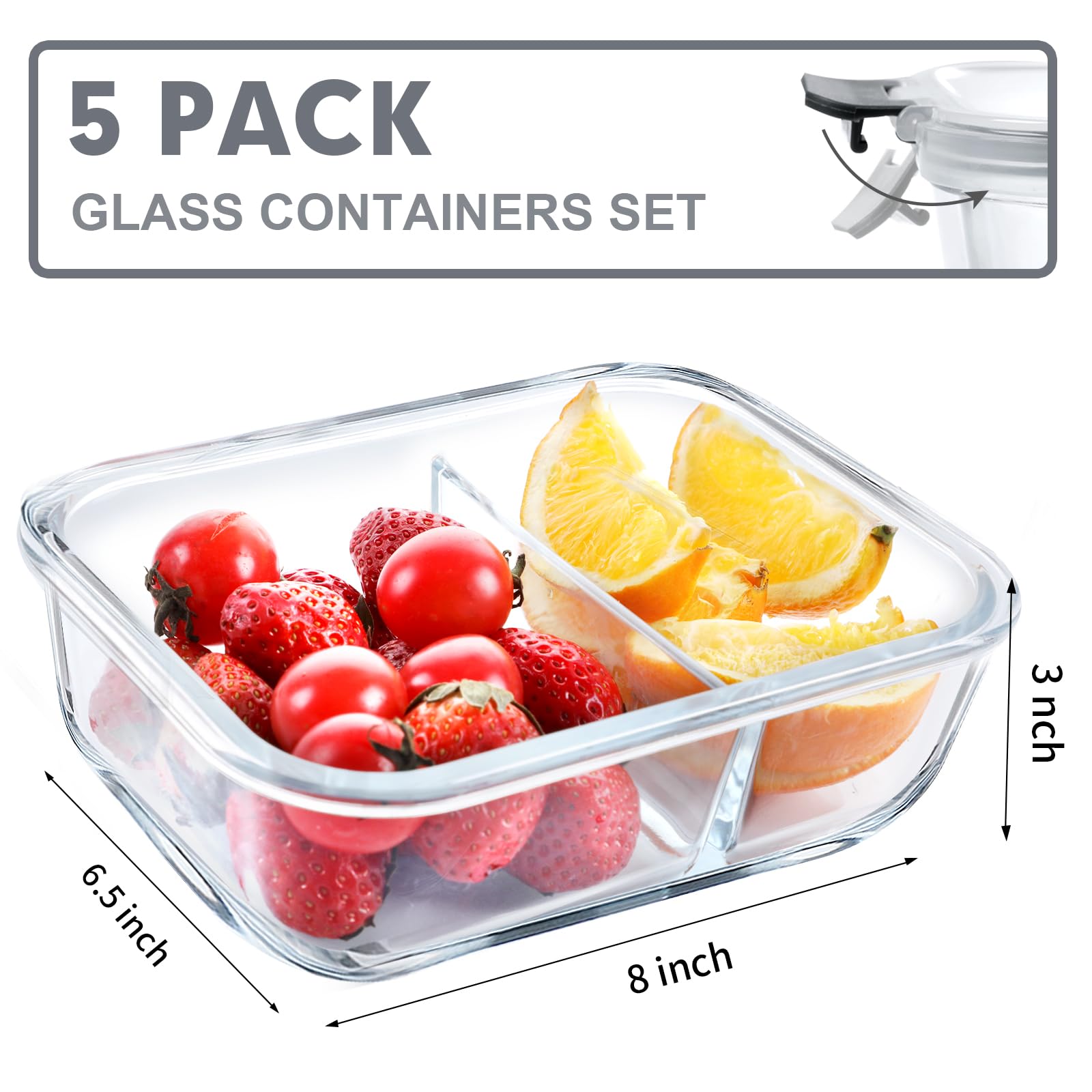 VERONES 5 Pack Glass Meal Prep Containers 2 Compartment Set, 36OZ Airtight Glass Lunch Containers, Glass Food Storage Containers with Lids, for Microwave, Oven, Freezer & Dishwasher Friendly,Grey