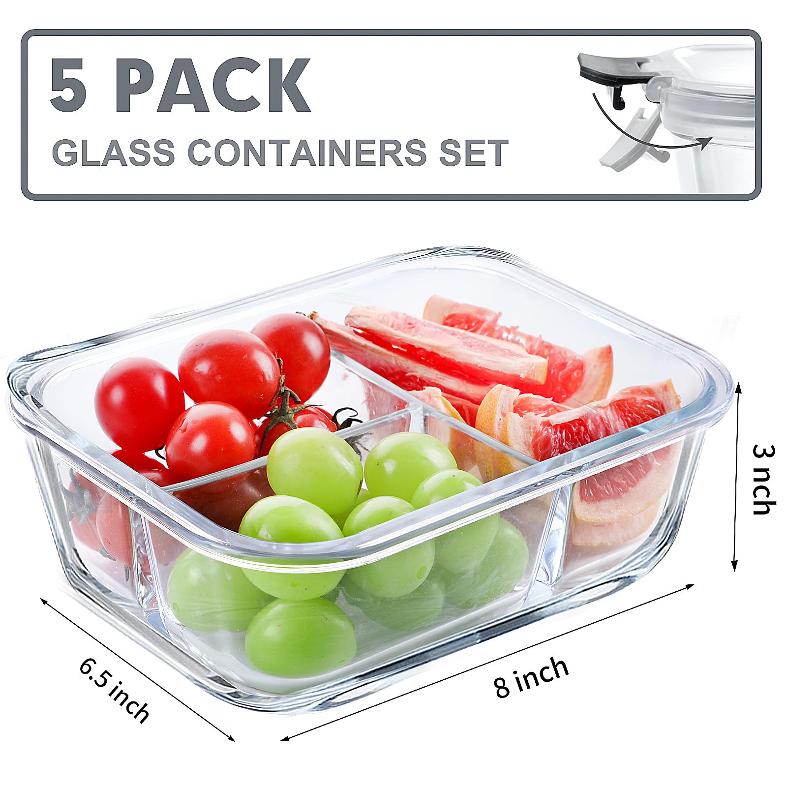 VERONES 5 Pack Glass Meal Prep Containers 3 Compartment Set, 36OZ Airtight Glass Lunch Containers, Glass Food Storage Containers with Lids, for Microwave, Oven, Freezer & Dishwasher Friendly,Grey