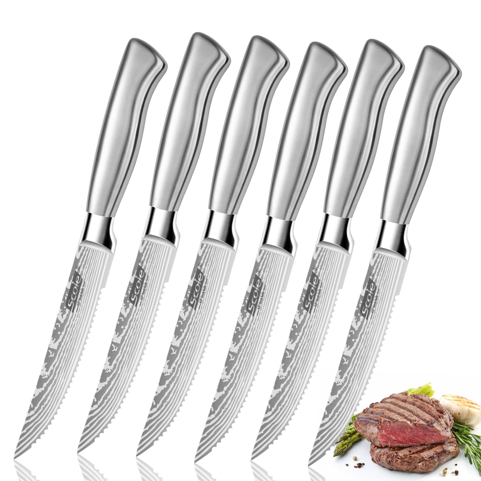 SCOLE® Steak Knives, 4.5 inches Steak Knife Set of 6, Dishwasher Safe Serrated Steak Knives German Stainless Steel Dinner Knives with Gift Box, Silver