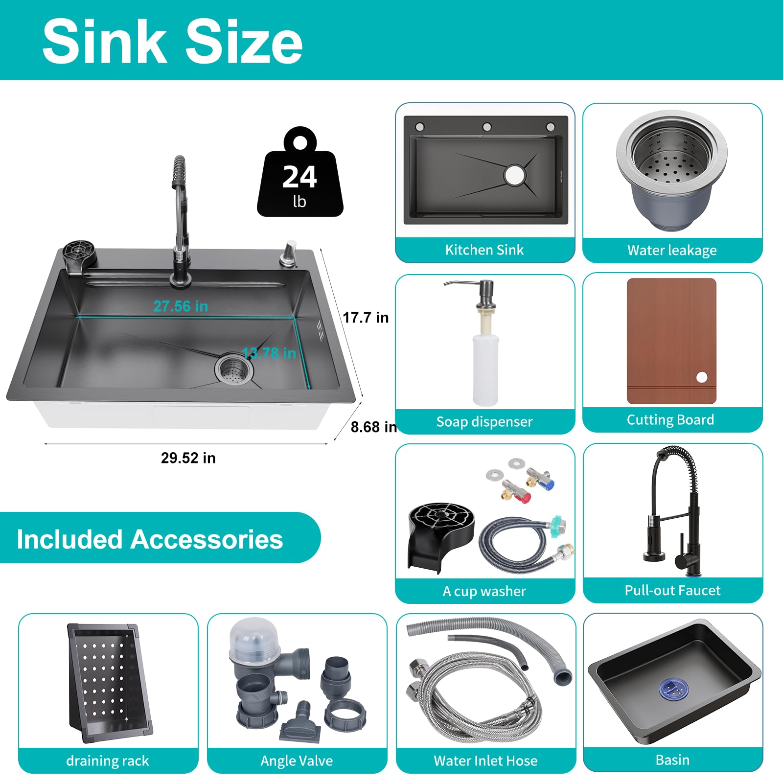 29.5 x 17.7 inch Kitchen Sink, Single Bowl Stainless Steel Sink Multifunctional Drop In Sink with Pull-Down Faucet and Multiple Accessories (29.52 * 17.7 inch)