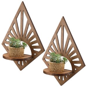 menkxi 2 pcs boho floating shelves for wall rustic wooden rainbow wall shelves diamond bohemian hanging shelf wall mount wood book candle holder for nursery bedroom room wall decor(diamond)