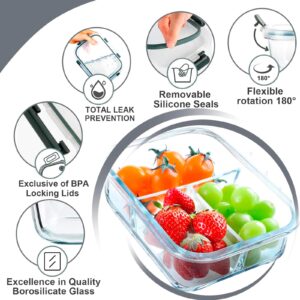 VERONES 5 Pack Glass Meal Prep Containers 3 Compartment Set, 36OZ Airtight Glass Lunch Containers, Glass Food Storage Containers with Lids, for Microwave, Oven, Freezer & Dishwasher Friendly,Grey