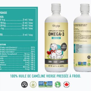 Camelina Oil for Dogs & Cats, 500mL by Olimega Farm | High in Omega-3 & Vitamin E | Support for Healthy Joints, Coat & Skin | Alternative to Salmon Oil for Dogs | Made in Canada | Non-GMO