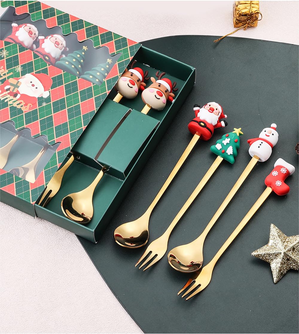 Christmas Coffee Spoons Coffee Stirrers Cake spoon Premium Stainless Steel Ice Tea Spoons, Ice Cream Spoon, Cocktail Stirring Spoons Set of 4（Gold Color）