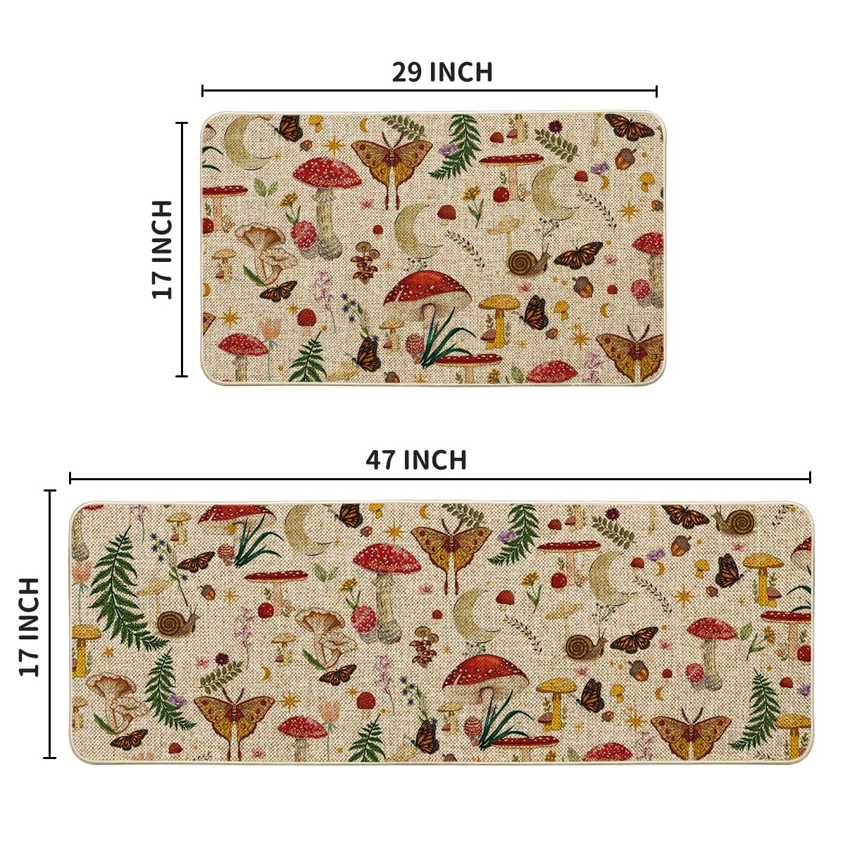 Artoid Mode Mushrooms Butterfly Spring Kitchen Mats Set of 2, Home Decor Low-Profile Kitchen Rugs for Floor - 17x29 and 17x47 Inch