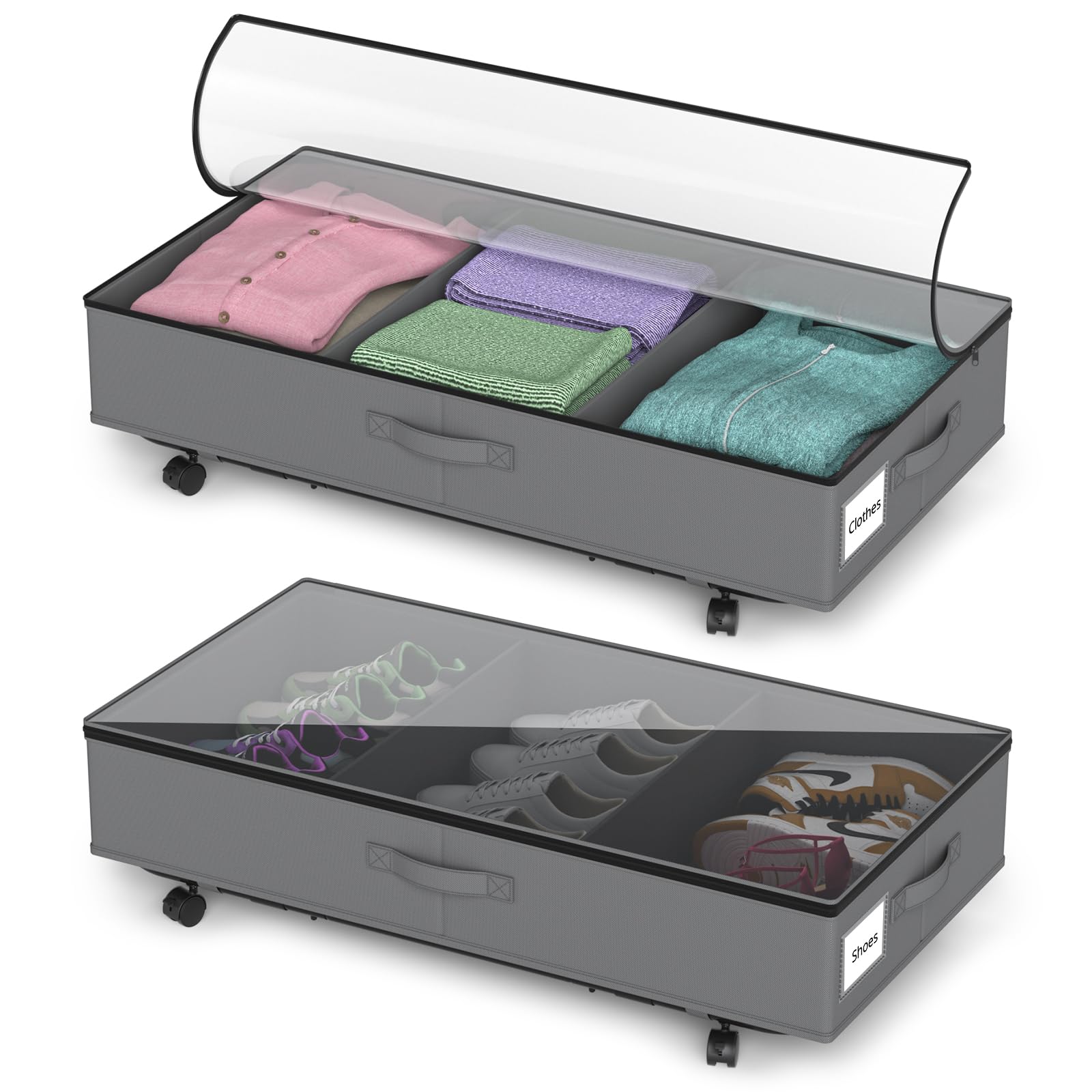 damynuo Under Bed Storage with Wheels - 2Pack Under Bed Storage Containers with Clear Lid and Handles, The Underbed Storage Bins Perfect for Under Bed Shoe Storage, Great Under Bed Drawers