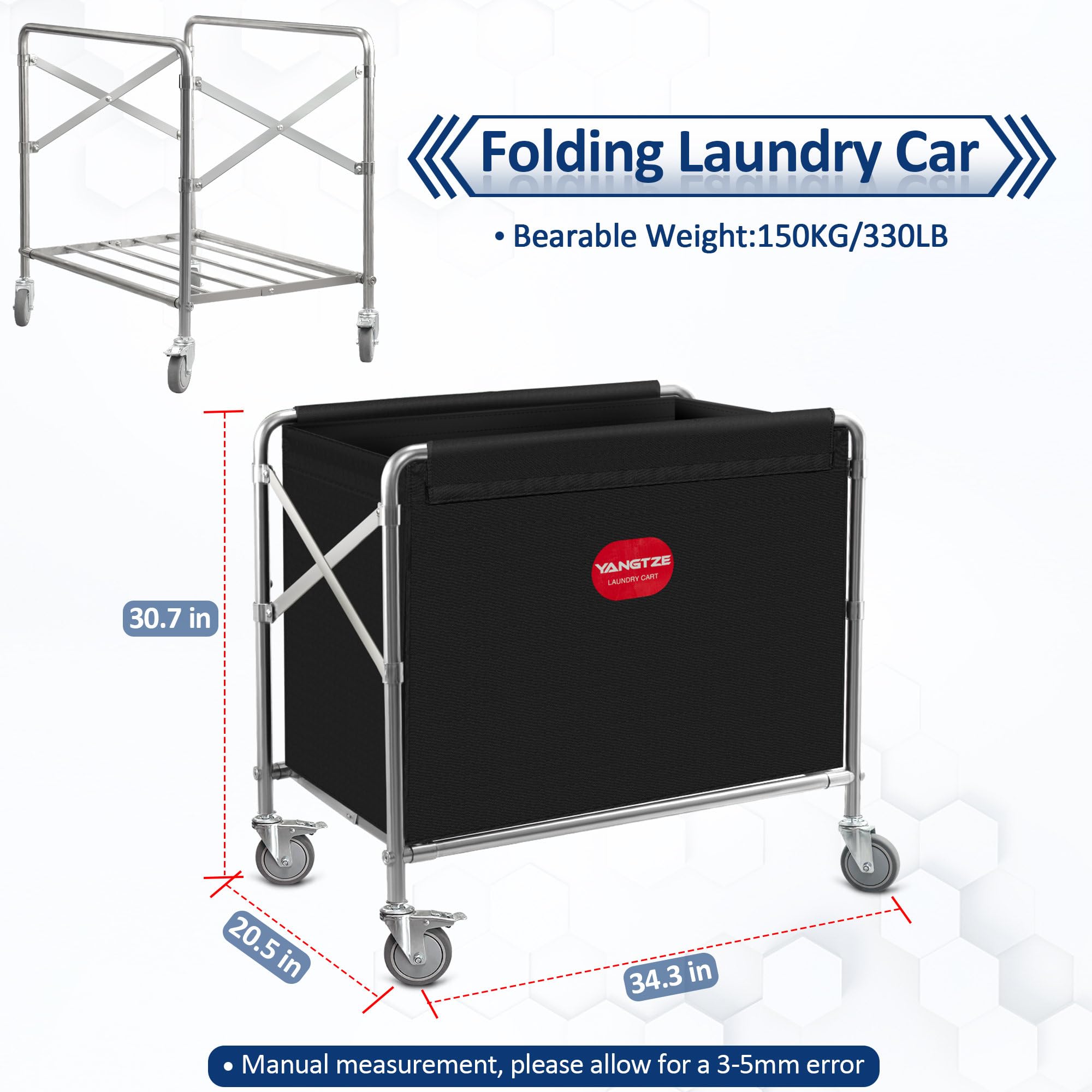 Folding Laundry Cart,Commercial Laundry Cart with Wheels,Industrial Laundry Cart with Foldable Stainless Steel Frame and Waterproof Oxford Cloth,8 Bushel (280 L),440Lbs Load