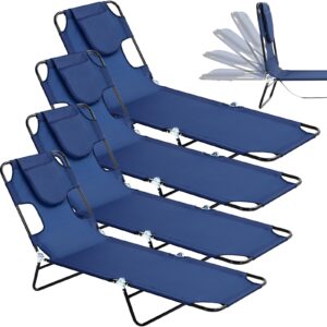 beeveer 4 pack folding beach lounger sunbathing chair heavy duty tanning chair with face hole adjustable 5 position folding chairs, backpack straps, for patio pool lawn deck (navy blue, black)