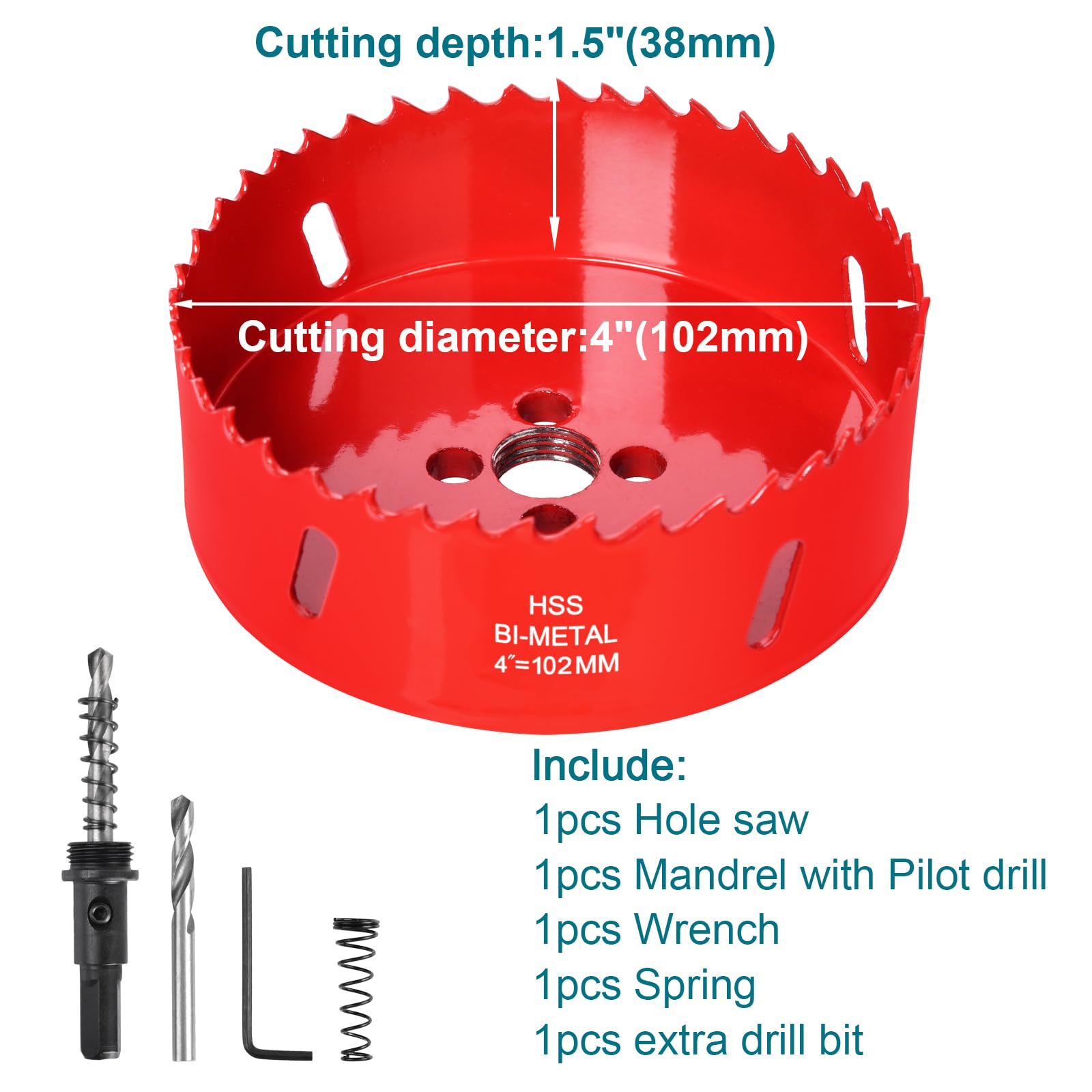 4 Inch / 102mm Hole Saw for Wood, Plastic Board, Ceiling,Drywall, and Metal Sheet - HSS Bi-Metal Hole Cutter with Pilot Drill Bit