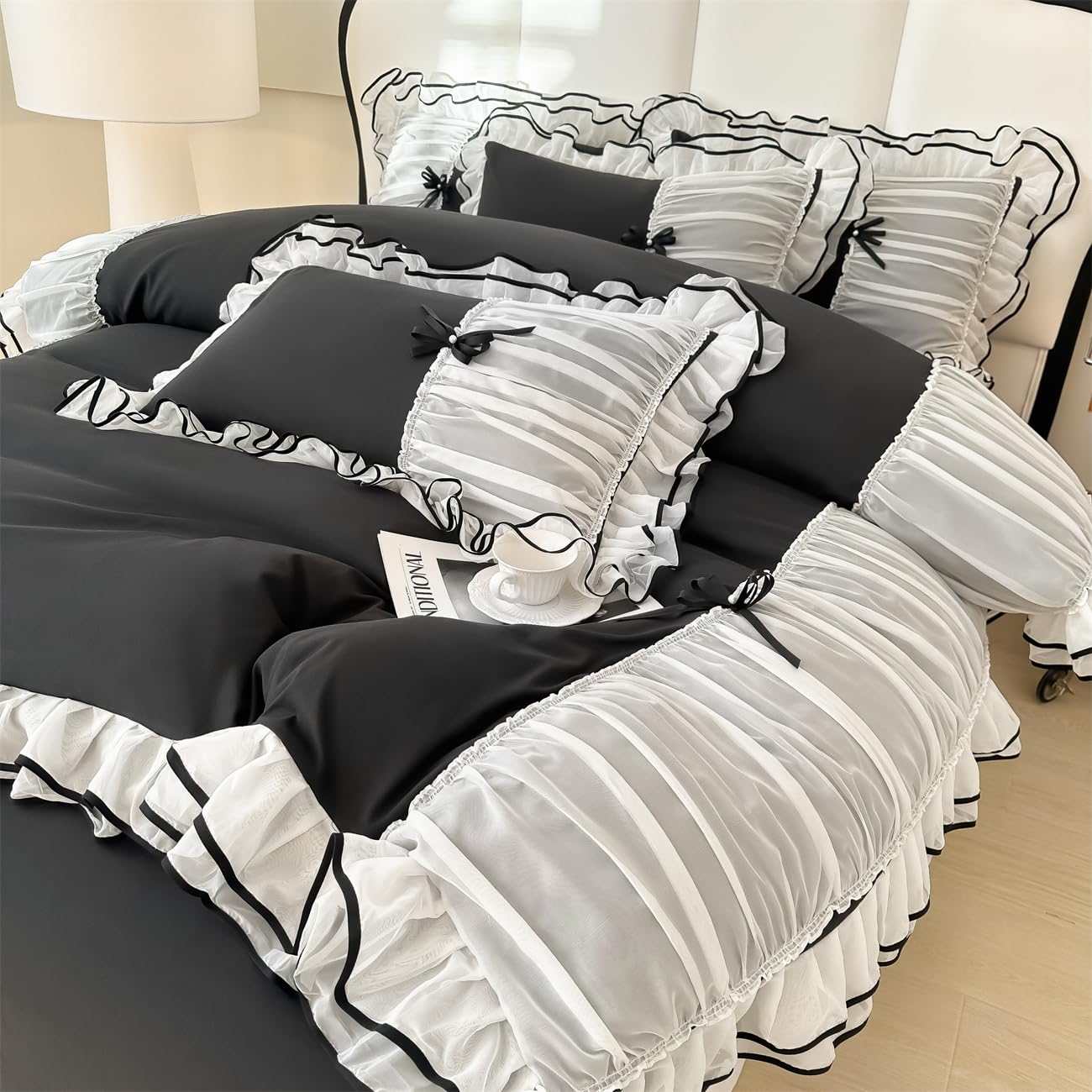 IHOUSTRIY Kid Duvet Cover Full Size, Ruffle Beddding Set with Bowtie, 3 Pieces Comforter Cover Set with Zipper Closure, Girl Bedding with Pillowcase - Black, Full, Comforter Not Included