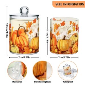 2 Pack Qtip Holder Dispenser for Cotton Ball Pumpkin Autumn Yellow Maple Leaves Fall Cotton Swab Cotton Round Pads Clear Plastic Acrylic Jar Set Bathroom Canister