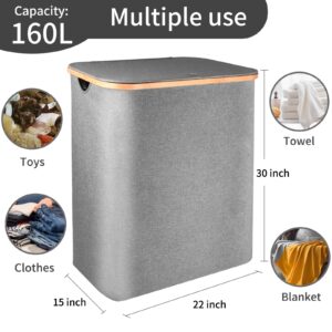 Laundry Basket 160L,Sturdy Laundry Basket,Large Hamper with Lid,Laundry Hamper, Clothes Hamper for Laundry with Bamboo Handles and Removable Bag,Laundry Basket Portable for Room,Clothes,Bedroom-Grey