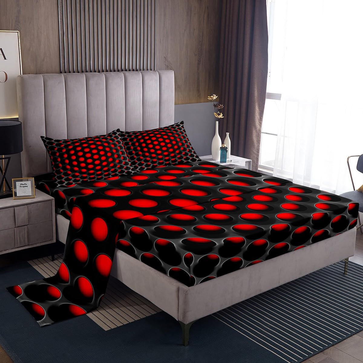 Erosebridal Geometric Full Sheet Set Neon Black and Red Bedding Set for Teen Boys Men,Abstract 3D Geometry Honeycomb Bed Sheets,Stereoscopic Dense Hole Fitted Sheet + Flat Sheet + 2 Pillow Cases