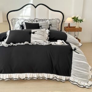 IHOUSTRIY Kid Duvet Cover Full Size, Ruffle Beddding Set with Bowtie, 3 Pieces Comforter Cover Set with Zipper Closure, Girl Bedding with Pillowcase - Black, Full, Comforter Not Included