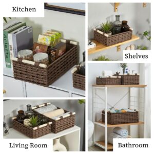 DECOMOMO Wicker Storage Basket, Toilet Paper Basket for Organizing Storage, Paper Rope Baskets with Liner and Wooden Handles for Shelves Cosmetics Books (Brown – 3 Pack)