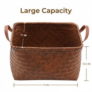 GIB Wicker Storage Baskets for Shelves with Handles 4 Pack, 15"x11" Hand Woven Decorative Rectanguler Baskets Bins Organizer for Blankets Clothes Laundry Bathroom Nursery Picnic, Brown