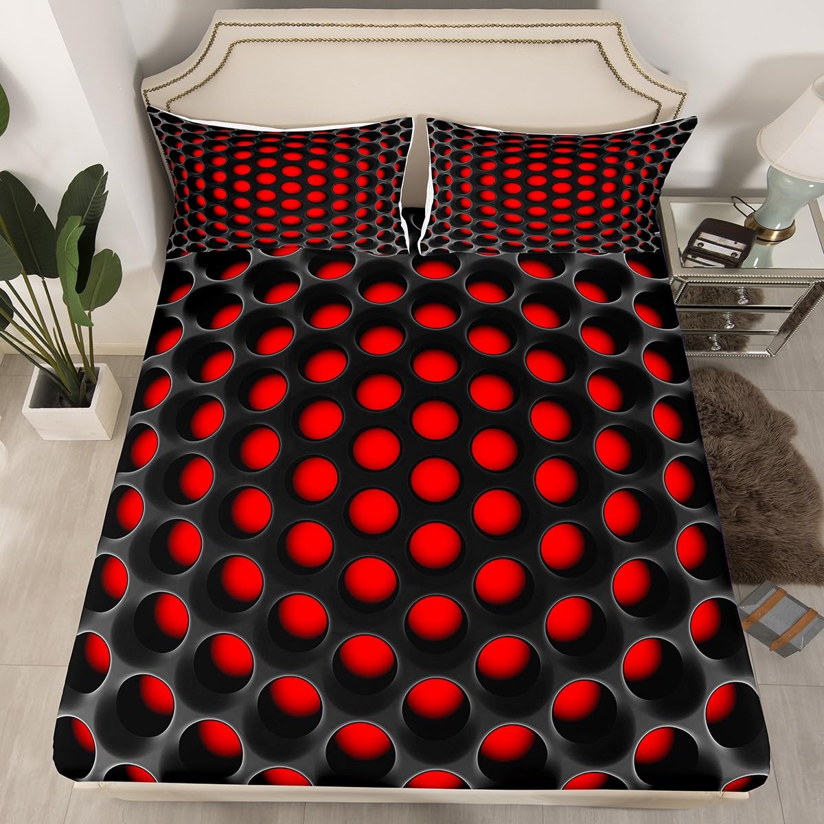 Erosebridal Geometric Full Sheet Set Neon Black and Red Bedding Set for Teen Boys Men,Abstract 3D Geometry Honeycomb Bed Sheets,Stereoscopic Dense Hole Fitted Sheet + Flat Sheet + 2 Pillow Cases