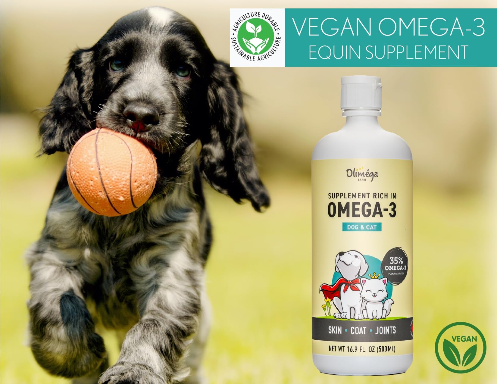 Camelina Oil for Dogs & Cats, 500mL by Olimega Farm | High in Omega-3 & Vitamin E | Support for Healthy Joints, Coat & Skin | Alternative to Salmon Oil for Dogs | Made in Canada | Non-GMO