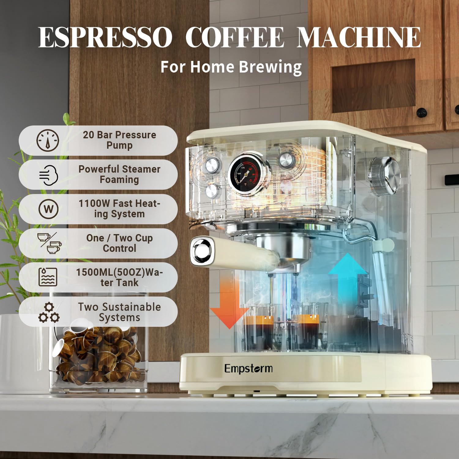 Empstorm Espresso Machine Latte Coffee Makers 20 Bar, 2 IN 1 Professional Cappuccino Machine and Milk Frother Steam Wand Compatible for NS Original Capsules for Home Brewing