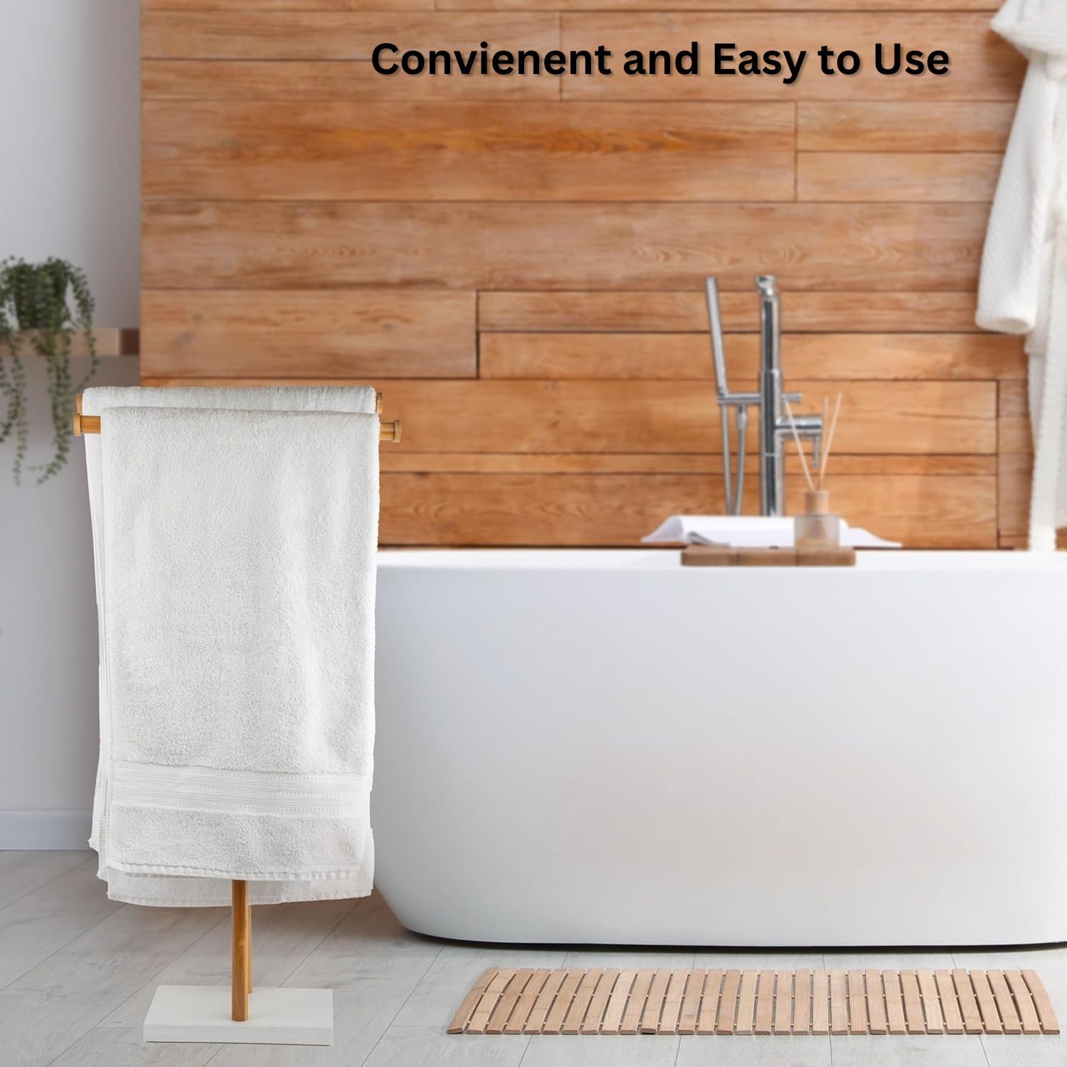 Standing towel Rack -2-Tier Bamboo Towel Rack with Marble Base - Standing Towel Rack for Bathroom - Towel Holder Stand Display - Drying Towel Rack