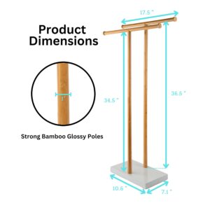 Standing towel Rack -2-Tier Bamboo Towel Rack with Marble Base - Standing Towel Rack for Bathroom - Towel Holder Stand Display - Drying Towel Rack