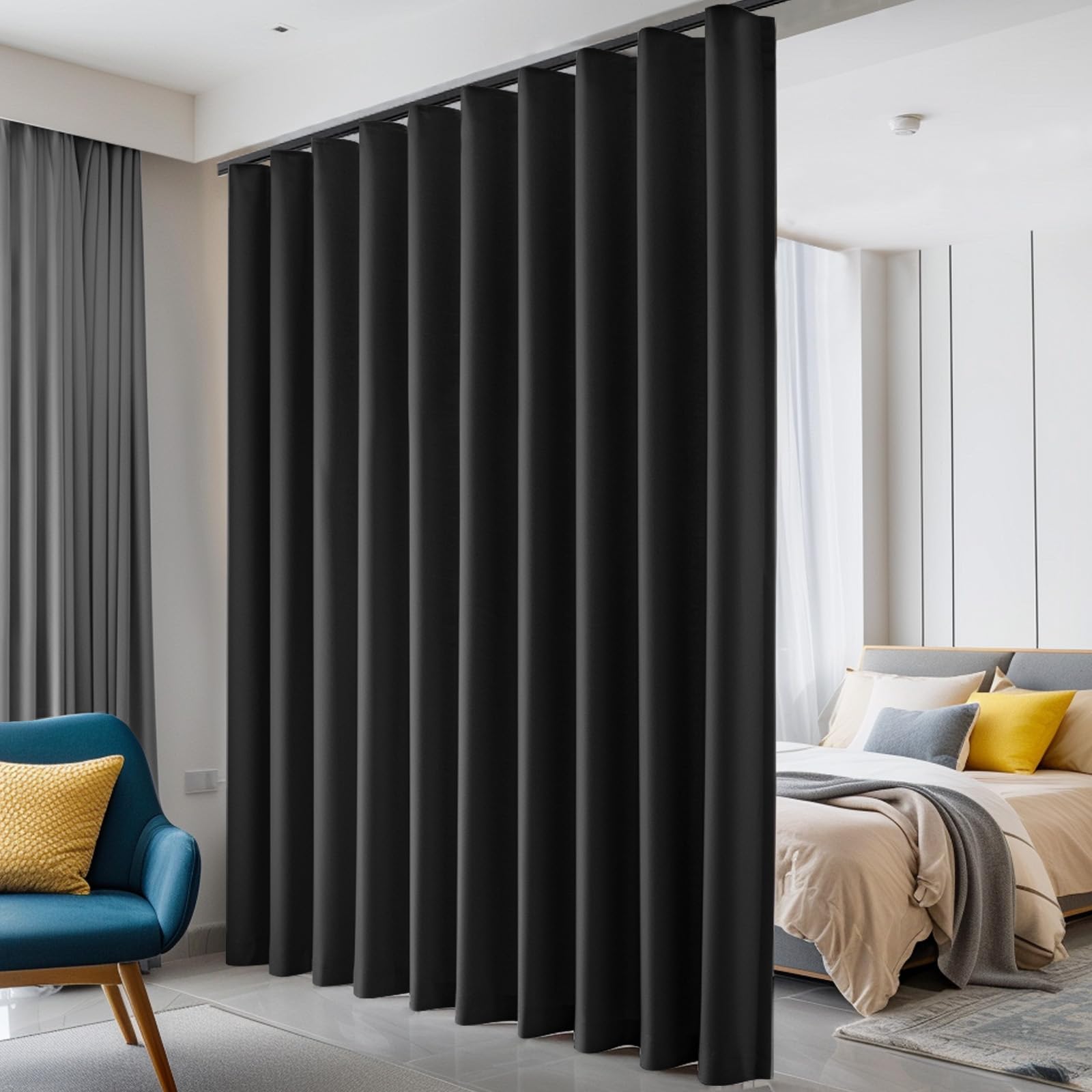 hoeflife Room Divider Curtains, Blackout Ceiling Track Curtains with Hook Sound Proof Floor Curtains Perfect for Ceiling Mount Curtain Tracks Wall Divider for Room Separation (Black, W100 x H96)