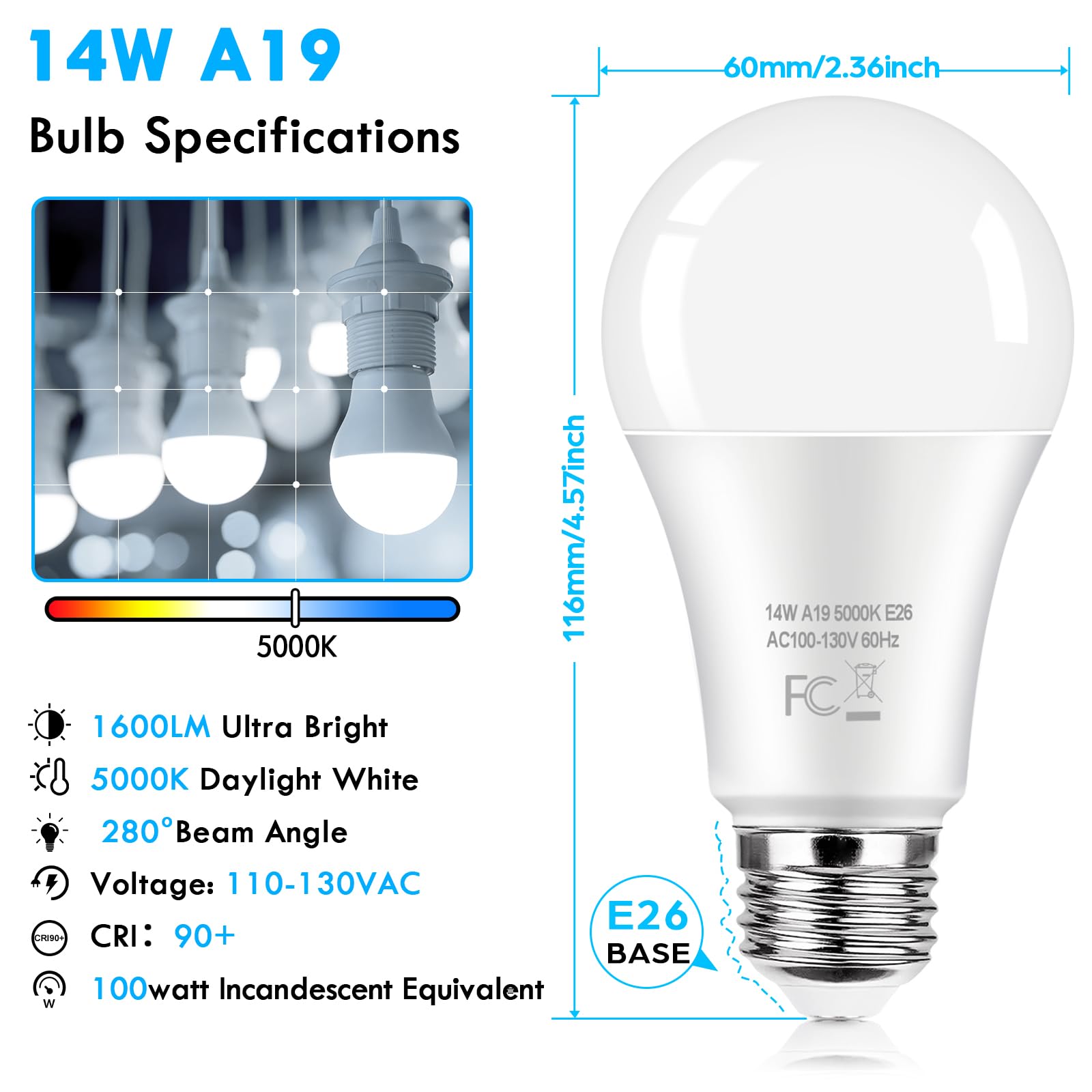 LED Light Bulbs 100 Watt Equivalent 1600 Lumens, A19 14W Super Bright Daylight White 5000K LED Bulbs, Standard E26 Medium Screw Light Bulbs Non-Dimmable, 25000+Hrs Lifespan, No-Flicker, 12-Pack