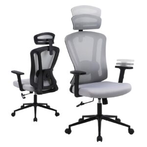 ermnois ergonomic home office chair, high back desk chair with adjustable lumbar support, 2d armrest and headrest, mesh computer gaming chair with tilt function (1, grey)