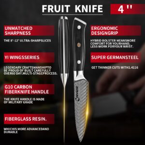 Crevuxe Fruit Knife,Sharp 4 Inch Professional YI-Series Paring Knife, German High Carbon Steel Full Tang Ultra Sharp Cooking Knives with G10 Glass Carbon Fiber Handle (4 Inch Paring Knife)