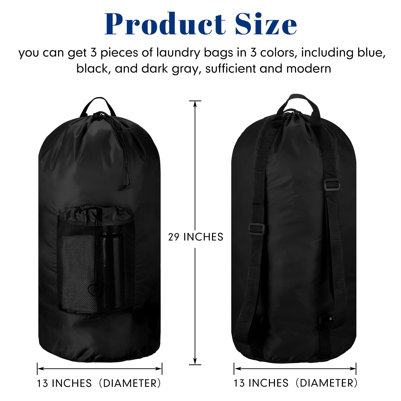 Sweetude 3 Pcs Large Laundry Backpack Bag for College, Travel, Apartment with Shoulder Straps and Mesh Pocket Heavy Duty Laundry Bag Dorm Hamper with Drawstring (Black)